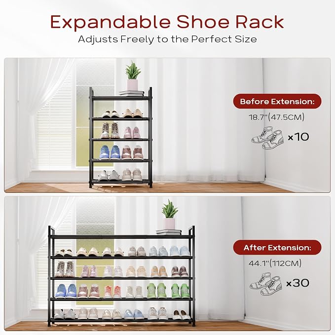 Bumusty 5 Tier Long Expandable Shoe Rack for Closet, Black | 18"-44" Adjustable Shoe Rack for Entryway, Shoe Organizer for Dorm, Front Door, Sturdy Metal