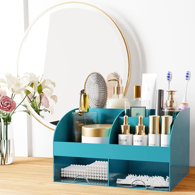 Makeup Organizer with Drawers, Cosmetic Storage for Dresser Vanity and Bathroom Countertop, Beauty Holder for Lipstick Brush, Skincare Organizer for Vanity, Cosmetic Display Case (Dark Green)