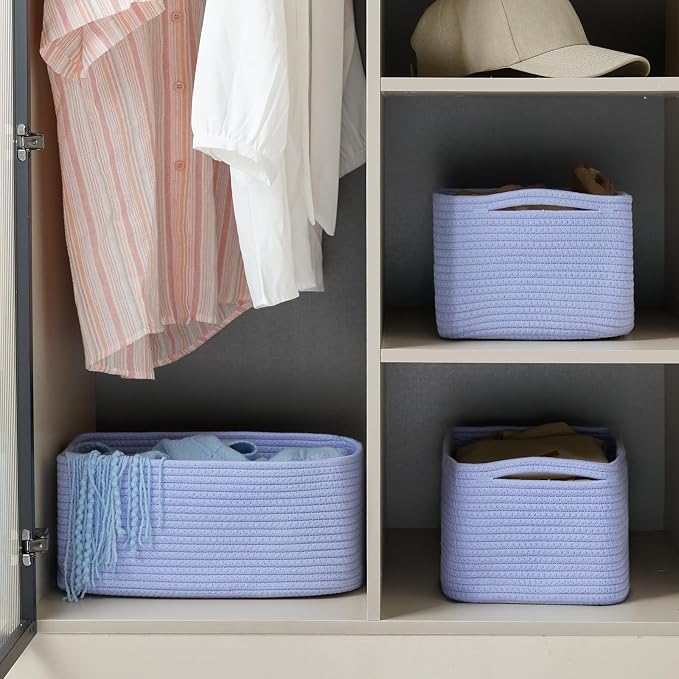 3-Pack Storage Baskets for Organizing | Woven Shelf Toy Basket | Rope Baskets for Gifts Empty | Closet Organizer Bins with Handles | Cube Decorative Box | 11.8×7.8×5.1”|Sky Blue