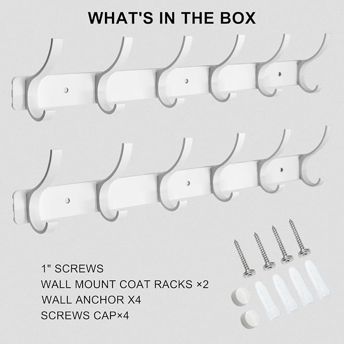 Coat Rack Wall Mounted,6 Coat Hooks for Hanging Coats,Heavy Duty Metal Double Hook Rack Hook Rail,Coat Rack with Hooks,Wall Mount Coat Hanger for Hat Towel Purse Robes (2 Pack White, 6 Hooks)
