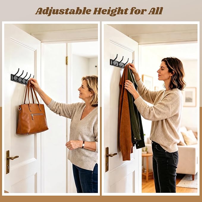 MIAOW Over The Door Hooks, Strong Adhesive Hanger Shower Towel Racks Black | 10 Coat Hook for Shower Bathroom, Detachable Adhesive Hook Not Damage Door, Save Space|No Noisy, Adjustable Height for All
