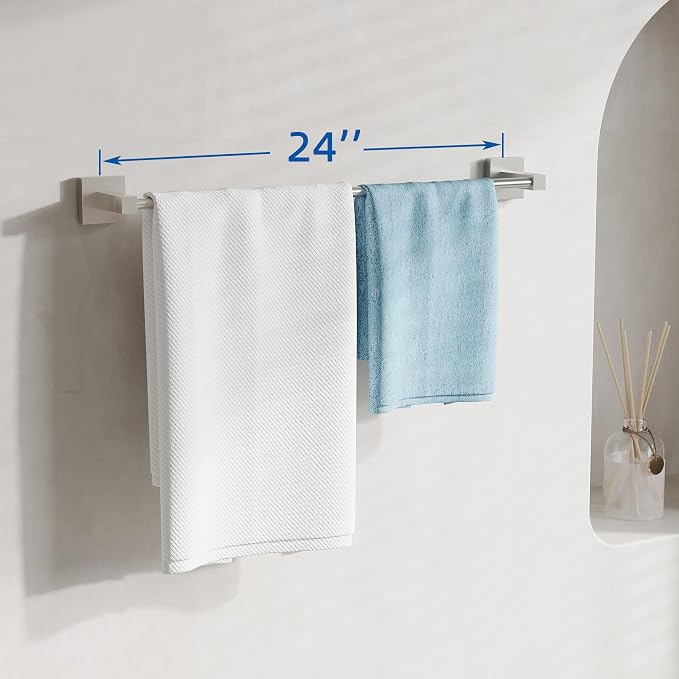 RUACQ Towel Bar 24" Towel Racks for Bathroom Wall Mounted, Brushed Nickel | One-Piece Bath Towel Holder, Total Length 26 Inch Single Towel Rod, 304 Stainless Steel Rustproof, Square Base, Heavy Duty