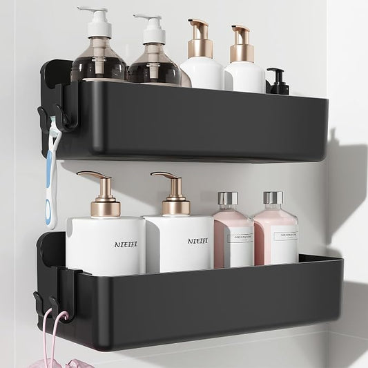 Nieifi Adhesive Shower Shelves, Black, 2 Pieces | Rustproof ABS, Large Capacity, Removable Design, No Drilling Shower Organizer for Bathroom Storage & Home Decor