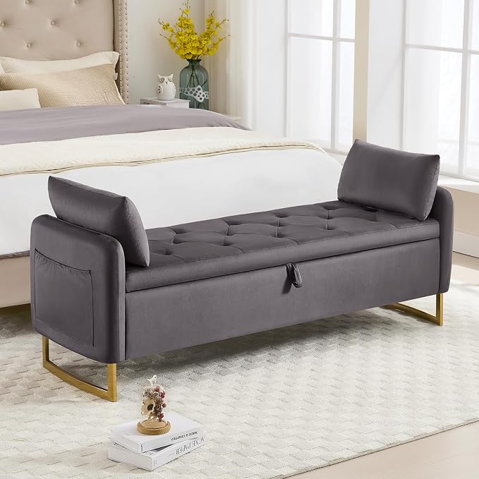 65" End of Bed Storage Bench, Modern Storage Benches for Foot with Tufted Button and Gold Legs, Upholstered Window Bedroom Benches with Armrests, Dark Grey