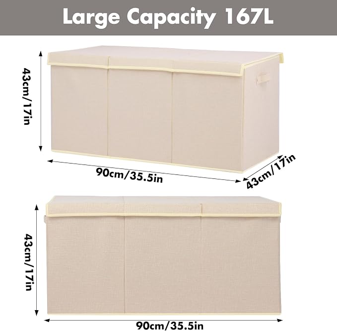 167L Large Toy Box Chest Storage with Lid, Collapsible Kids Toy Storage | Toy Chest with with Removable Divider for Kids, Boys, Girls, Nursery, Living Room, Bedroom, 35.5"x17" x17" (Linen Beige)