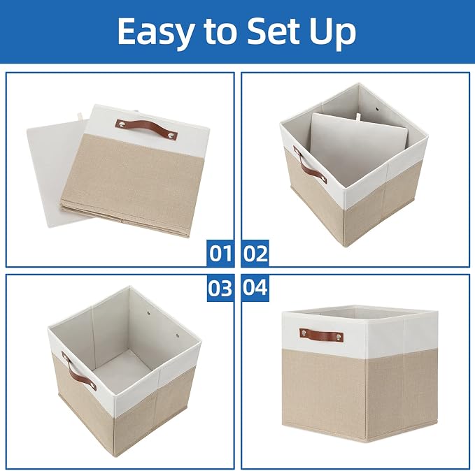 Temary Fabric Storage Cubes - 12 Inch Collapsible Bins (4Pack) - Empty Gift Baskets for Organizing Shelves, Closets, Nursery (White & Khaki)