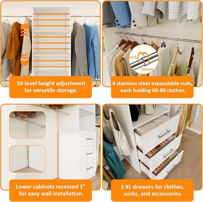 Closet System, 5FT-8FT Closet Organizer System with 3 Wooden Drawers, 99" Walk In Closet Organizer and Storage with 4 Expandable Hanging Rods, Wall Mount, White