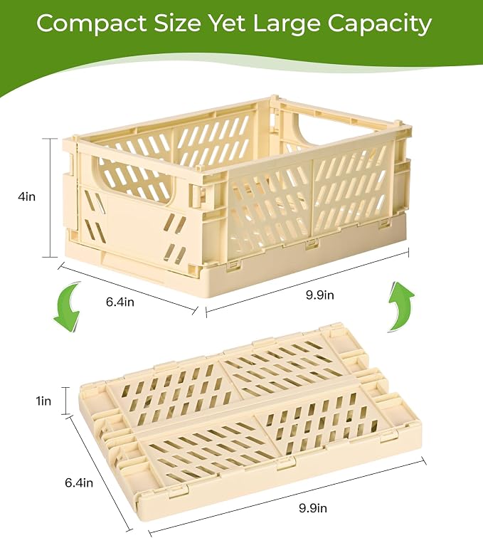 HUUSMOT 4-Pack Collapsible Plastic Storage Baskets, Yellow, 9.8"x6.5"x3.8" | Pastel, Space-Saving, Collapsible Plastic Bins, Cute Mini Storage Crates, for Classroom, Kitchen, Office, Bedroom