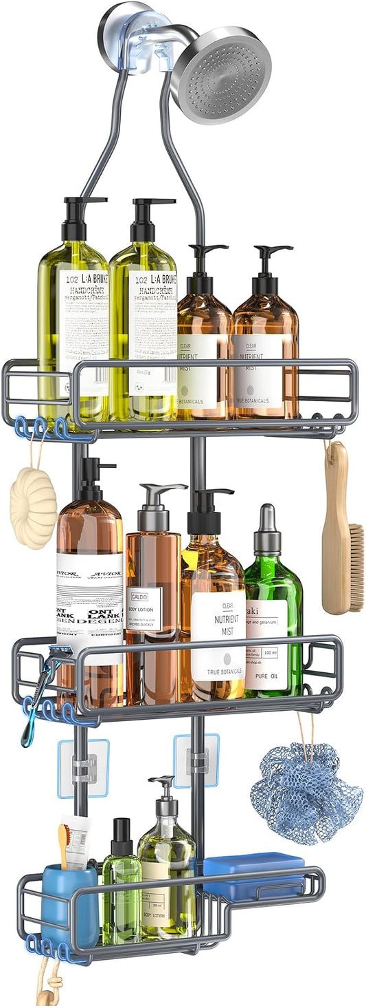 Skyapex Shower Caddy Hanging Bathroom Organizer: Over Head Adjustable Rack for Tall Showerhead - Extra Large Storage Shelf for Big Shampoo Bottles with Soap Holder (Grey)