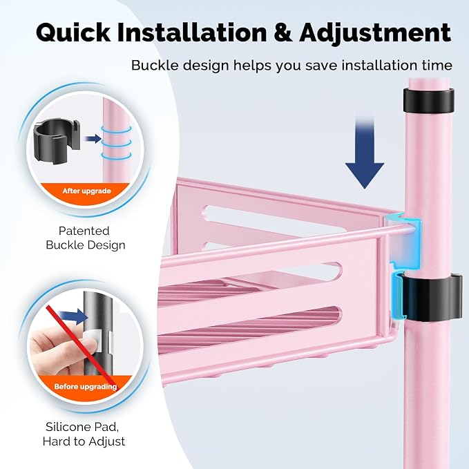 HAMITOR Corner Shower Caddy, 4 Tier Adjustable Bathroom Organizer - Pink | Corner Shower Caddy Tension Pole, No-Drill Setup, Rustproof Shelves Perfect for Bathrooms, Dorms & Apartments - 47-121in