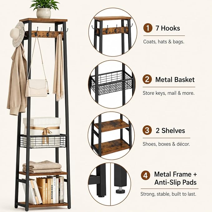 Coat Rack with Metal Basket and Storage Shelves | Coat Stand Freestanding, Hall Tree With and 7 Hooks, Clothes Rack Stand Organizer, Rustic Brown and Black