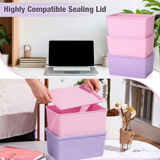6 Pcs Storage Bins with Lids Small Plastic Storage Containers Stackable Storing Baskets Box Cute Organizer Bins for Organizing Shelves (Pink,Purple,Orange)