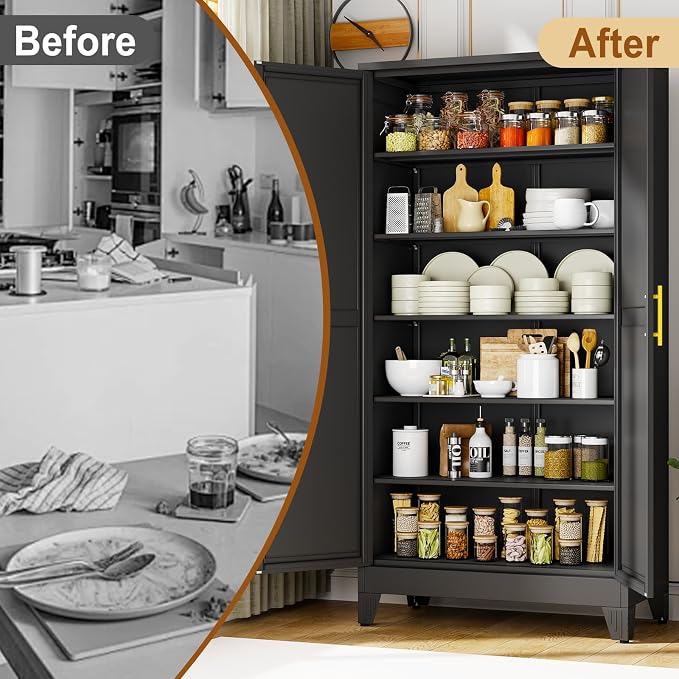 79" Black Metal Storage Cabinet with 2 Doors and 5 Adjustable Shelves,Steel Garage Tool Cabinet, File Cabinet,Kitchen Pantry Cabinet for Home,Office,Garage,School,Warehouse