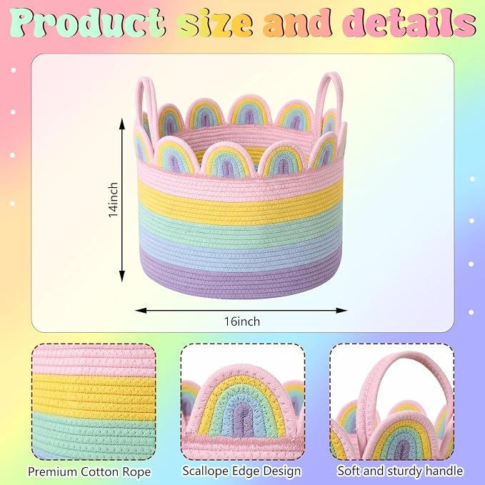 LemonRoad Pastel Rainbow Round Basket Large Blanket Basket 16" x 14" Scalloped Woven Baskets Cotton Storage Baskets for Nursery Classroom Closet Blankets Storage Home Decor