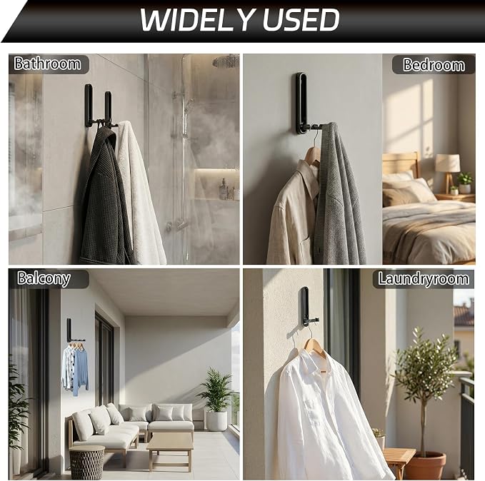 4.33 in Extended Folding Coat Hooks, 2 Pack Black Wall Hooks, Zinc Alloy | 90° Foldable Design, Wall Mounted, Zinc Alloy, Flip-Down Design, Includes Screws And Anchors, For Bedroom, Entryway, Closet