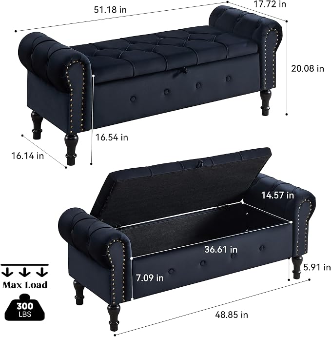 Storage Bench 51" Velvet End of Bed Benches Black | Queen Size Storage Bench for Bedroom with Rolled Arms Tufted Ottoman Benches Upholstered Bench for Living Room Entryway