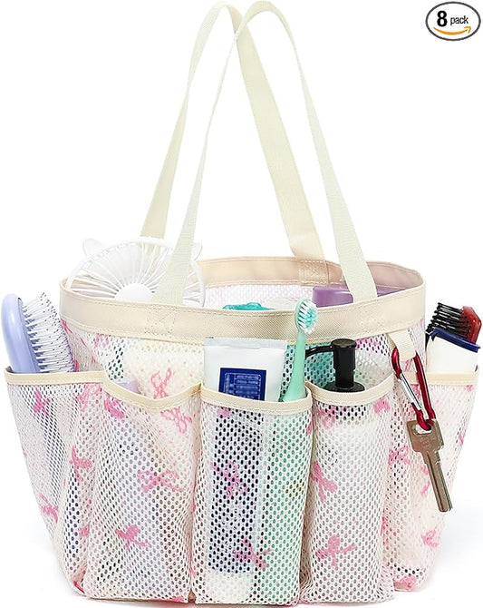 Fammart Mesh Shower Caddy Portable for College Dorm Room Essentials, Odorless Polyester Large Shower Tote Bag with Dual Handles, 8-Pocket Quick-Dry Toiletry Organizer for Travel, Beach, Camping, Gym