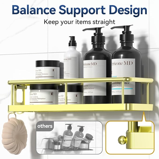 YASONIC Shower Caddy Adhesive, Rustproof Shower Organizer with Soap Holder, Large Capacity Shower Shelves for Inside Shower, No Drilling Bathroom Organizers and Storage for Home Decor（3 Pack Gold）