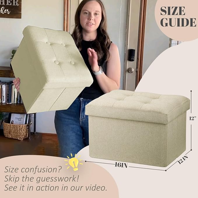 LINMAGCO Ottoman Storage Ottoman with Storage Small Foot Rest Stool Under Desk Stool Short Folding Footrest Linen Cloth Beigh 16X12X12IN