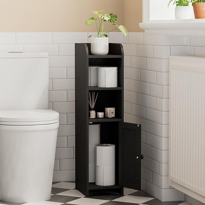 Homhedy Small Bathroom Storage Cabinet, Narrow Toilet Paper Cabinet | Corner Floor Cabinet with Door and Shelves, Slim Bathroom Cabinet for Small Spaces, 9.8" D x 7.9" W x 31" H, Black