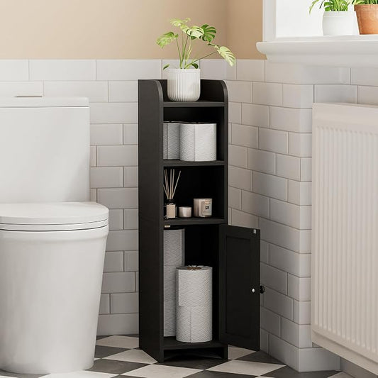 Homhedy Small Bathroom Storage Cabinet, Narrow Toilet Paper Cabinet | Corner Floor Cabinet with Door and Shelves, Slim Bathroom Cabinet for Small Spaces, 9.8" D x 7.9" W x 31" H, Black