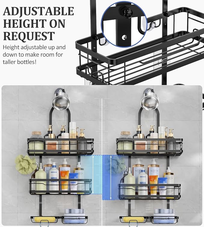OMAIRA Shower Caddy Hanging Over the Shower Head - Rustproof Shower Organizer Hanging with Soap Scrub Holder, Non-Slip Stainless Steel Bathroom Storage Rack & Shelves, No Drilling, Black