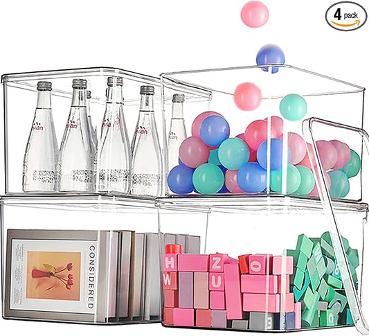 Clear plastic storage bins with LIDS,storage containers for snacks, cosmetics, books, dog food, Storage Organizer for Nursery，Kitchen, Living room,Bedroom, Bathroom, Office (clear, 4XL)