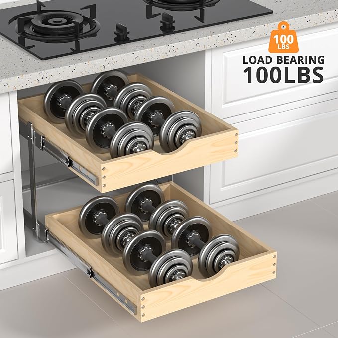 21" Deep 2-Tier Pull Out Cabinet Organizer - Wood Pull Out Drawers | Slide Out Shelves, Full-Extension, Ball-Bearing Slides, 3 Adjustable Heights (2-Tier, 20''W X 21''D Overall)