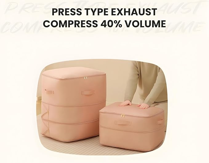 Comforter Storage Bag, Bedding & Blanket Self Compression Storage Organizer | Compression Storage Bag for Blanket Storage, 3-Layer Thick Satin Fabric Heavy Duty Bags for Pillow Duvet (Pink, XL)
