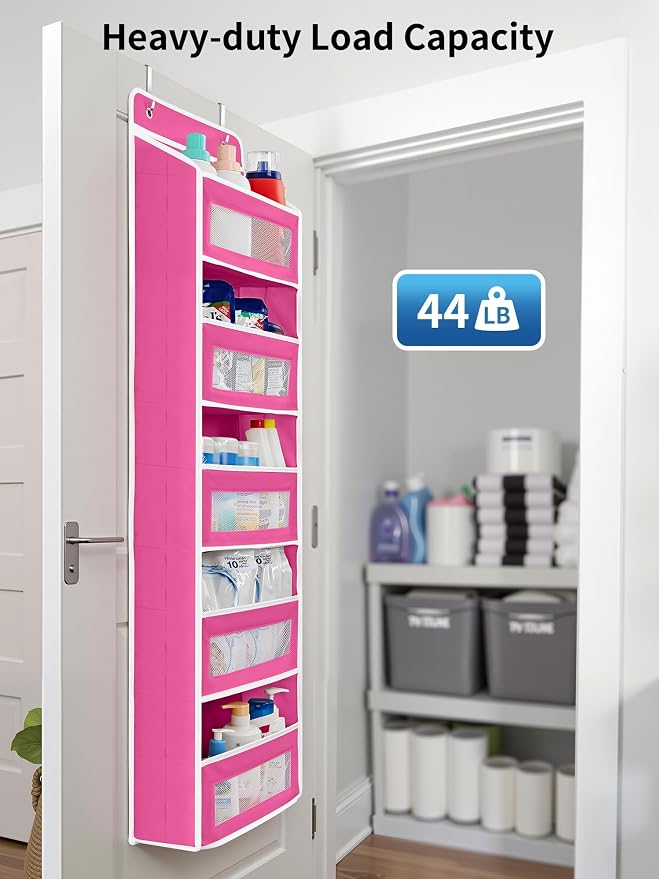 JARLINK Over the Door Organizer for Bedroom, Bathroom, 5 Shelf Rose Pink | Anti-Tilt Design, 44 lb Load Capacity, Hanging Door Organizer with 5 Large Capacity Pockets, Behind Door Storage for Nursery