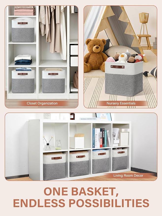 DULLEMELO [Set of 4 Storage Cubes Baskets for Organizing, 12 x 12 x 12 inch Cube Storage Organizer Bins with Leather Handles, Foldable Fabric Cloth Bins for Cube Storage(4 Pack - 12" White&Grey)