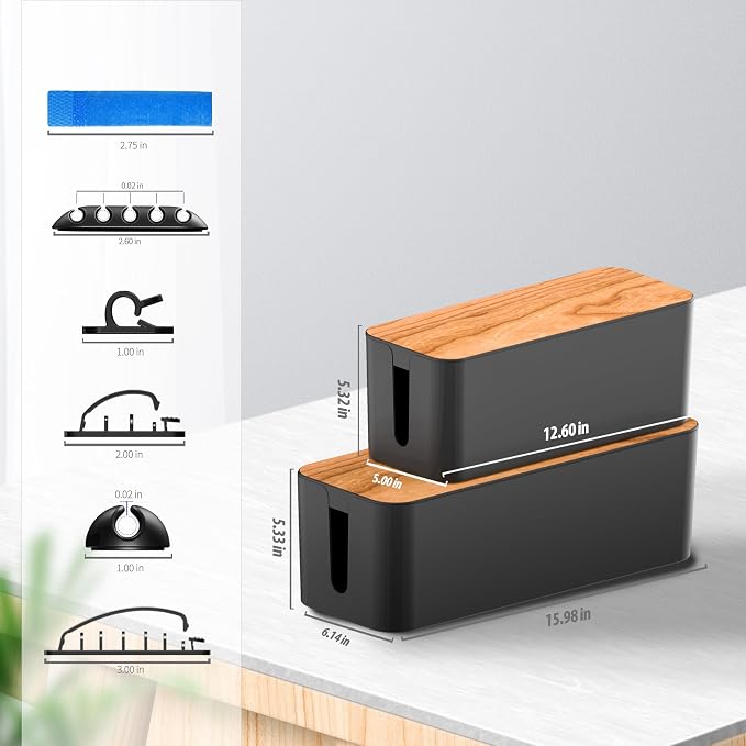 Cable Management Box 2 Pack with 16 Cable Clips Set-Large & Medium & Small Wooden Style Cable Organizer Box to Hide Wires&Power Strips | Cord Organizer Box | Cable Organizer for Home & Office [Black]