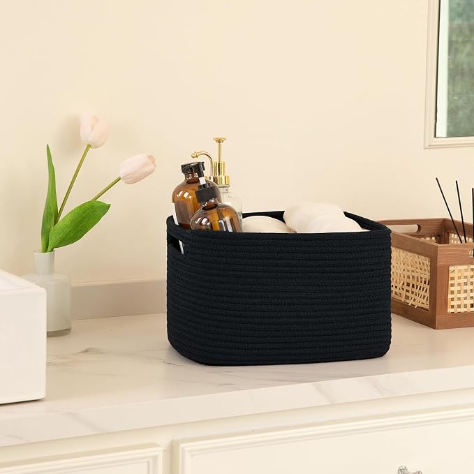 OIAHOMY 4 Pack Storage Baskets for Organizing, Cube Storage Bins for Shelves, Rectangle Storage Baskets With Handles, Woven Baskets for Storage, 16''Lx12''Wx8''H, Black