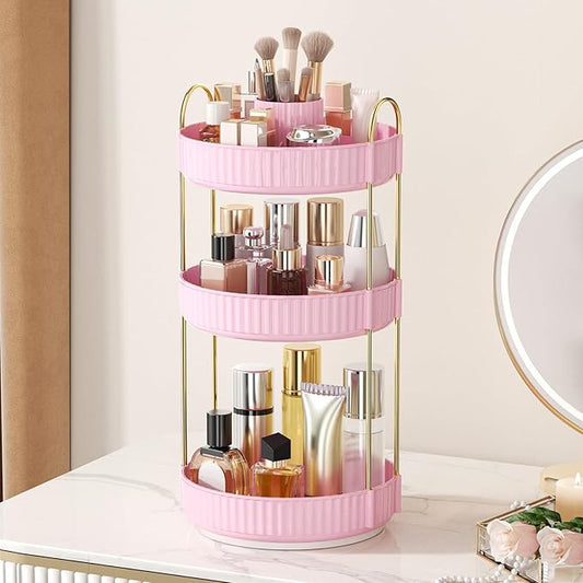 360° Rotating Makeup Organizer, Upgraded 3 Tier Skincare Perfume Organizers for Women, Bathroom Organizer Countertop, Clear Cosmetic Dresser Organizer with Makeup Brush Holder, Sink&Counter(Pink)