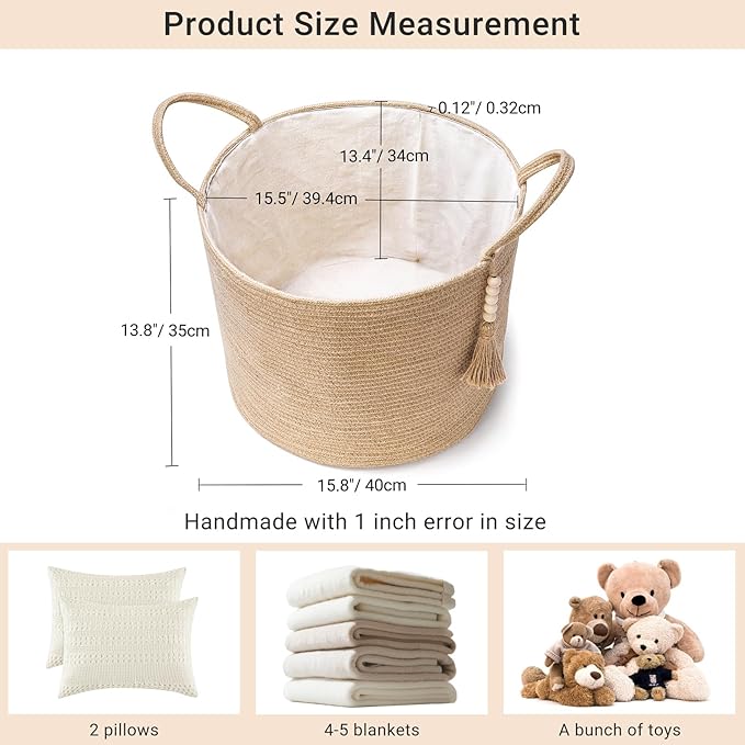 Mkono Woven Storage Basket Decorative Natural Rope Basket Wooden Bead Decoration for Blankets,Toys,Clothes,Shoes,Plant Organizer Bin with Handles Living Room Home Decor, Jute, 16" W × 13.8"L | Brown, Jute, Decorative Basket with Handle, Wood Beads Tass...