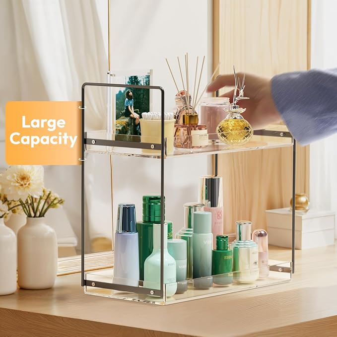 NPPLUS 2 Tier Bathroom Counter Organizer Matte Black+Clear Acrylic Vanity | Bathroom Countertop Organizer Under Sink With Acrylic Tray, Home Storage Holder For Makeup Cosmetics Perfume Spice
