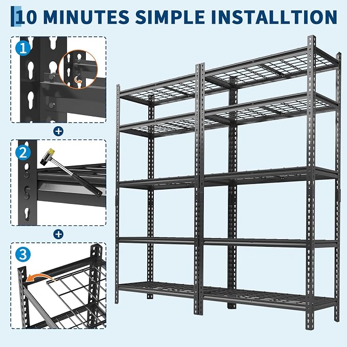 Garvee 5 Tier Metal Storage Shelving Unit 36" W Garage Shelving 4 Pack | Heavy Duty Garage Shelving 2200 LBS Storage Shelves for Garage Kitchen Pantry Warehouse Basement 36" W × 16" D × 72" H