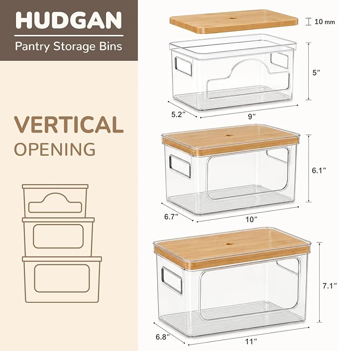Hudgan Potato Onion and Garlic Storage Bin for Pantry Organizers, 3 Packs | Stackable, Straight Side, Bathroom Countertop Storage with Bamboo Lid, Pantry Box, Can Good Organizer, Kitchen Space Saver