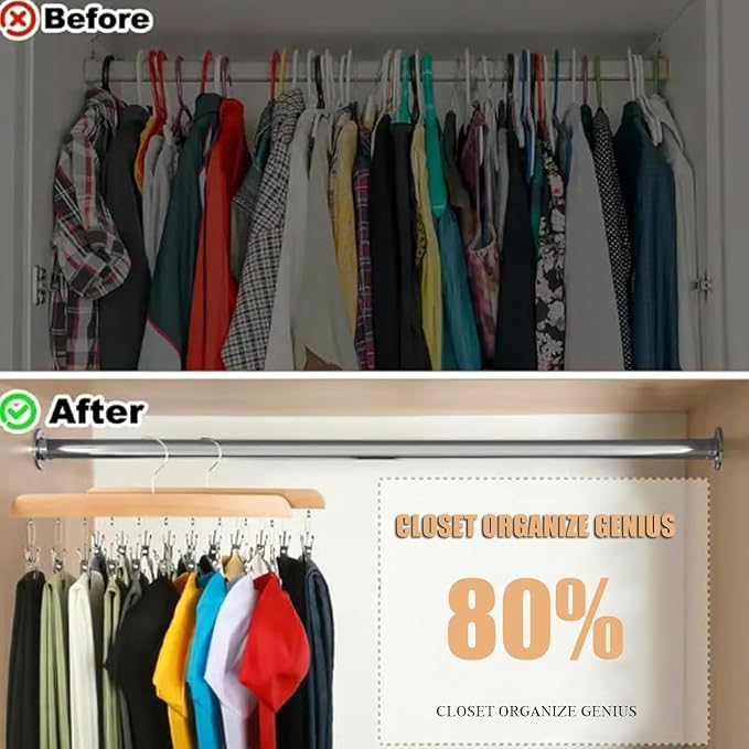 Closet Organizer with 10 Clips, 2PCS Space Saving Hanging Closet Organizer, Space-Saving Hat Scarf Clothespins for Jeans Skirts Socks Leggings Wooden Pant Hangers with Clips(Vintage+Wood)