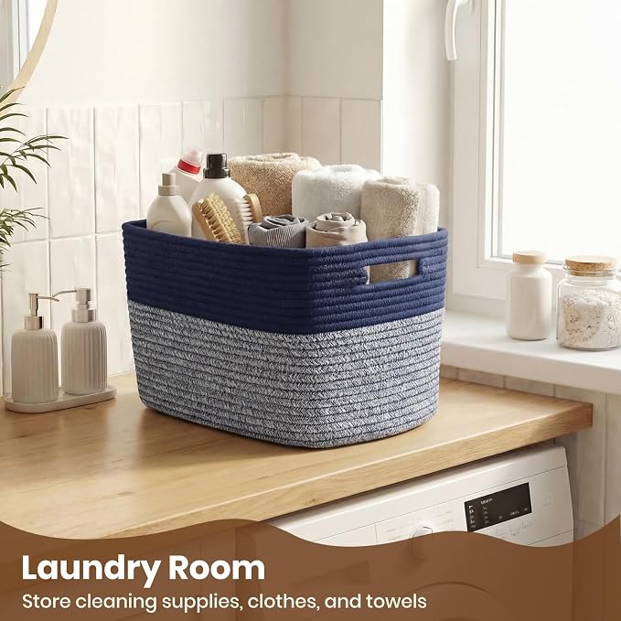 Storage Baskets for Organizing, 14 x 10 x 9” Closet Shelf Woven Baskets, Square Bins with Handles, Cotton Rope Basket for Clothes, Office, Room, Grey+Blue 1 Pack