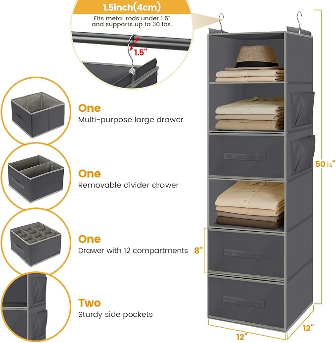 Hanging Closet Organizer 6-Shelf with 3 Drawers & Side Pockets, Closet Organizers and Storage for Dorm, Nursery & Wardrobe Organization, Hanging Shelf Clothes Organizer for Sweaters, Shoes, Gray