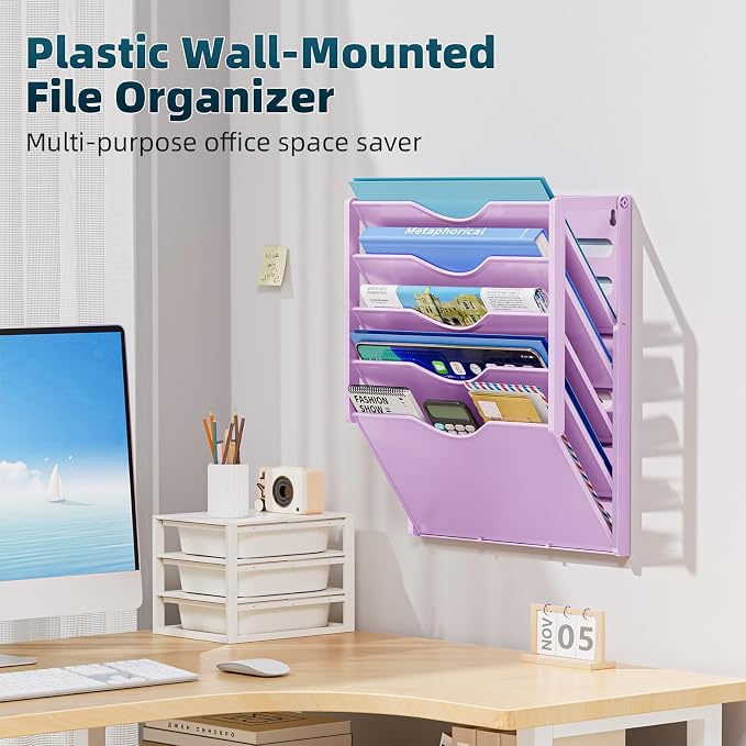 Marbrasse 5 Tier Wall File Organizer, Plastic Hanging File Holder for Mail, Magazines Paper Organizer Wall Mounted for Office Home (Purple)