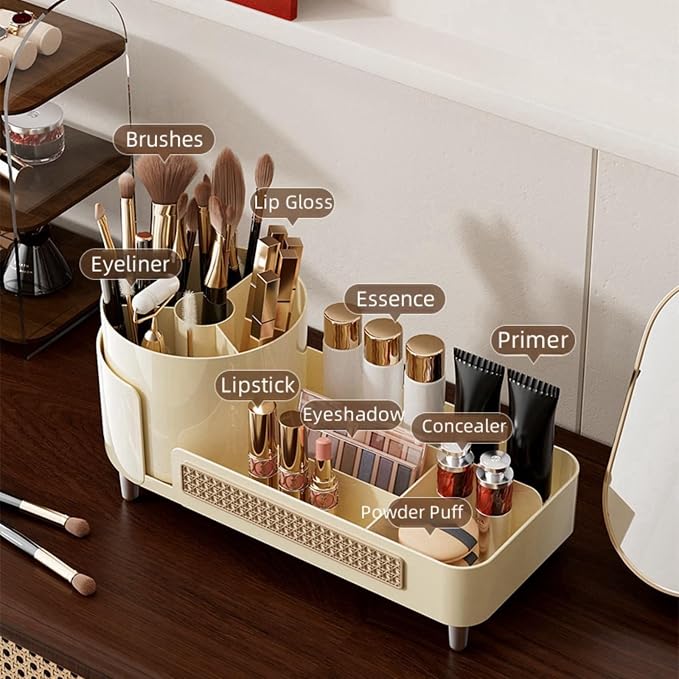 Booklov Rotating Makeup Organizer for Vanity Countertop, Coffee | Plastic Cosmetic Display Case, Large Beauty Brush Holder for Bathroom Counter, Skin Care Perfumes Storage