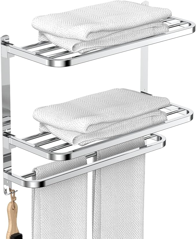 CAXIMSY 22.8Inch Towel Rack for Bathroom and Lavatory Towel Hanger with Wall Mount Towel Bars 304 Stainless Steel No Drill (Collapsible Towel Rack)