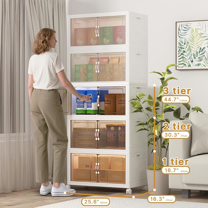 Stackable Storage Bins with Lids, 360QT Closet Organizers and Storage Cabinet with Doors & Wheels, Lockable Plastic Foldable Drawers for Bedroom Dorm Office Garage（120QT*3,White）