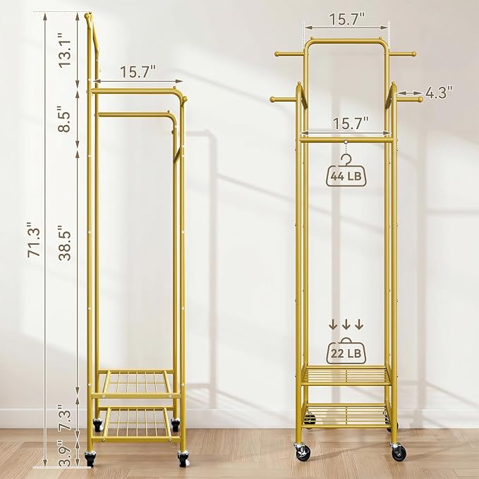 Small Gold Clothing Rack with Wheels, Narrow Clothes Rack with 2 Shelves | Gasvadivum 71" Tall Sturdy Metal Rolling Garment Rack with 4 Hanging Rods & 4 Hooks, Portable Coat Rack for Bedroom, Bathroom