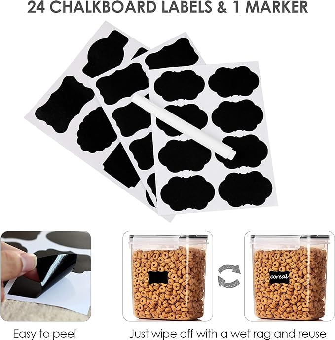 Vtopmart Airtight Food Storage Containers 6 Pieces - Plastic BPA Free Kitchen Pantry Storage Containers for Sugar,Flour and Baking Supplies - Dishwasher Safe - Include 24 Labels, Black | Airtight Containers, Sugar Flour & Baking Supplies Storage, Dishw...