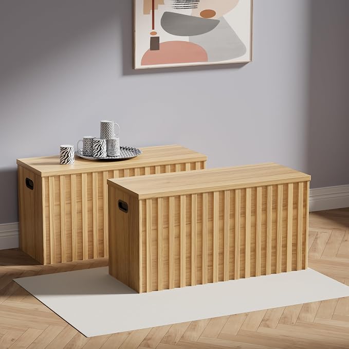 Storage Bench Set of 2, 39.4" Wood Box, Storage Trunk with 2 Safety Hinges, Ottoman Storage Chest Set of 2, Fluted Storage Bench for Bedroom, Shoe Bench for Bedroom, Living Room (Natural Wood)
