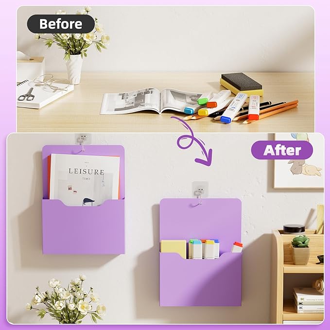 Marbrasse Magnetic File Holder - Magnetic Paper Holder, Pocket Organizer Office Supplies Storage Mail Organizer for Notebooks,Planners,Letter (Purple)