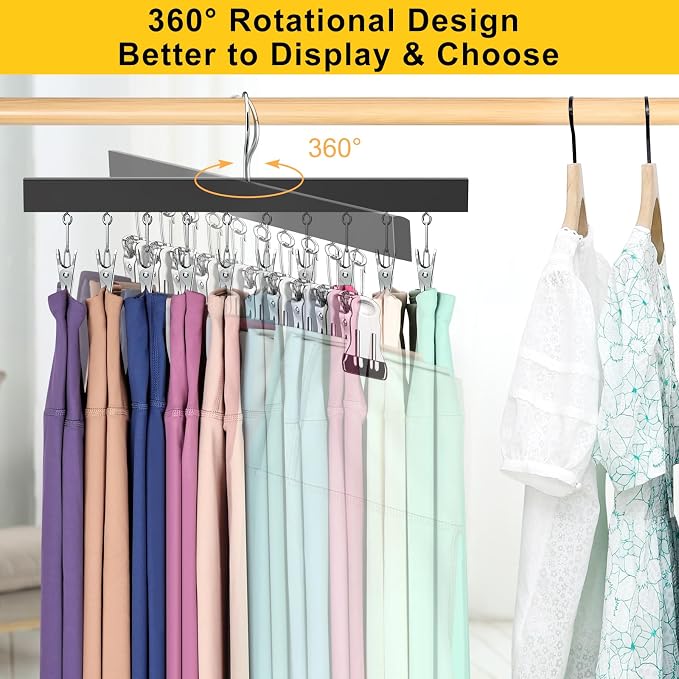 Legging Organizer for Closet, Pants Hangers with Clips | Holds 20 Leggings, Jeans, Hats, Shorts, Socks, 360° Rotating Space Saving Hanging Lightweight Garment Hanger Storage 2Pcs